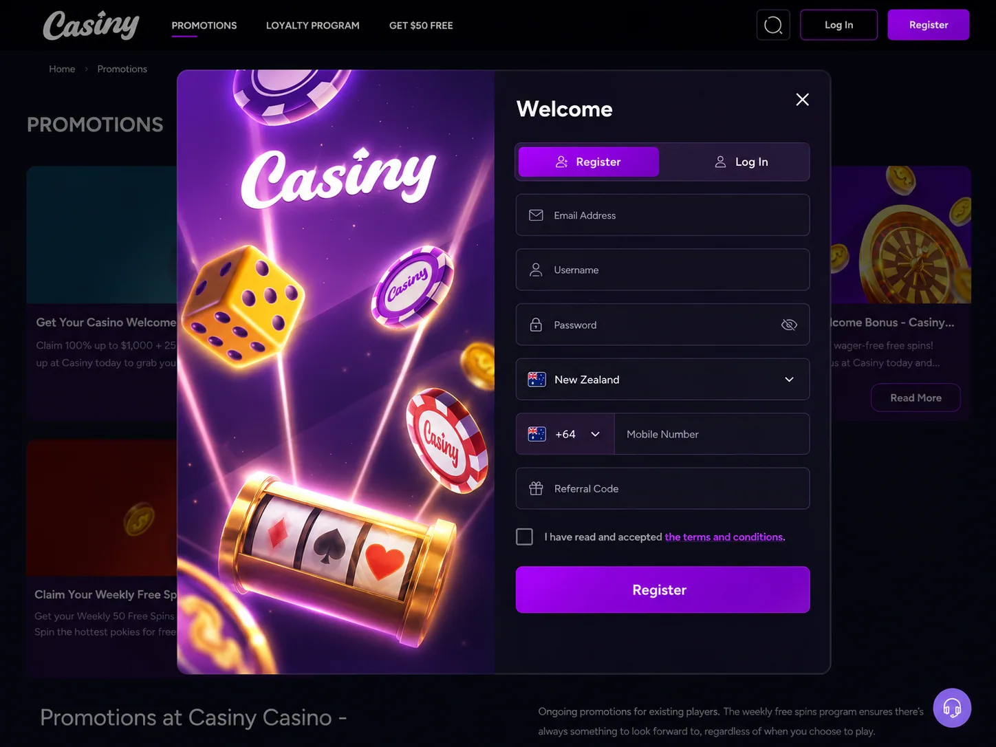 Casiny Casino registration form for New Zealand players